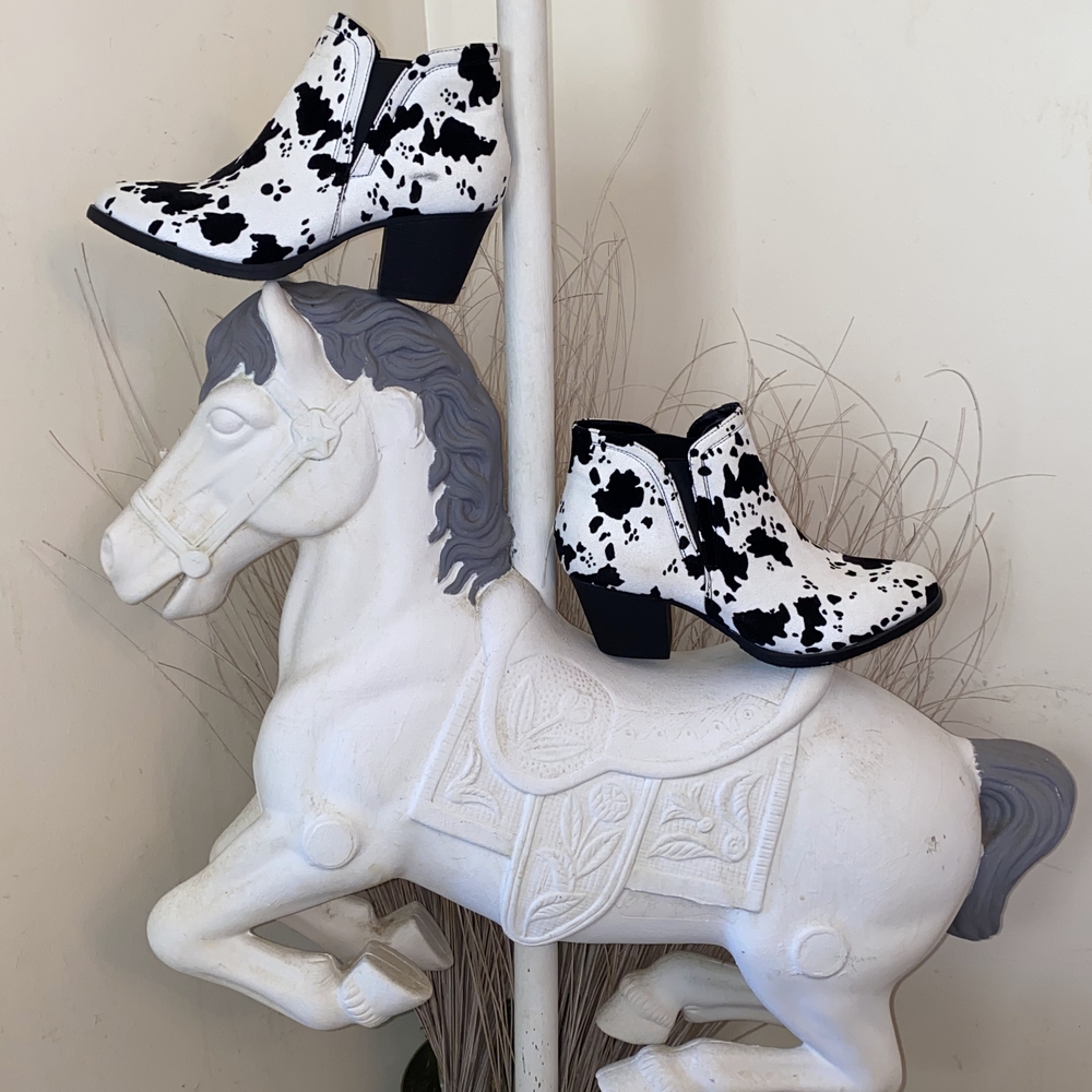 Black and White Cow Print Ankle Boots